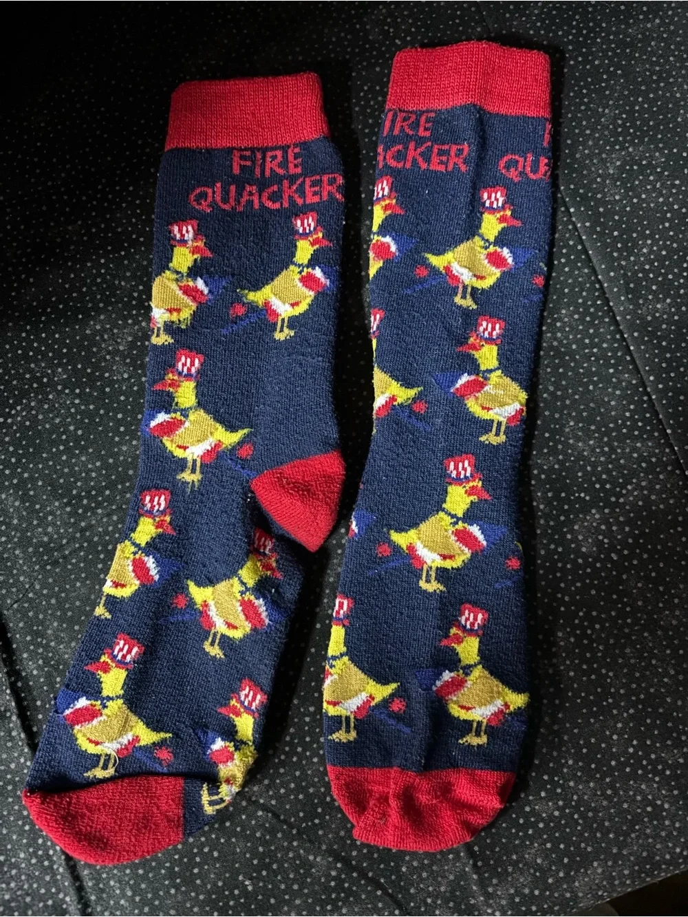 Fire Quacker Novelty Crew Socks - Navy & Red